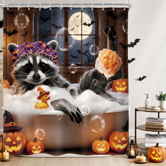 Halloween Raccoon Shower Curtain Funny Bathtub Bath Set with Hooks Waterproof Fabric 71x71 inches