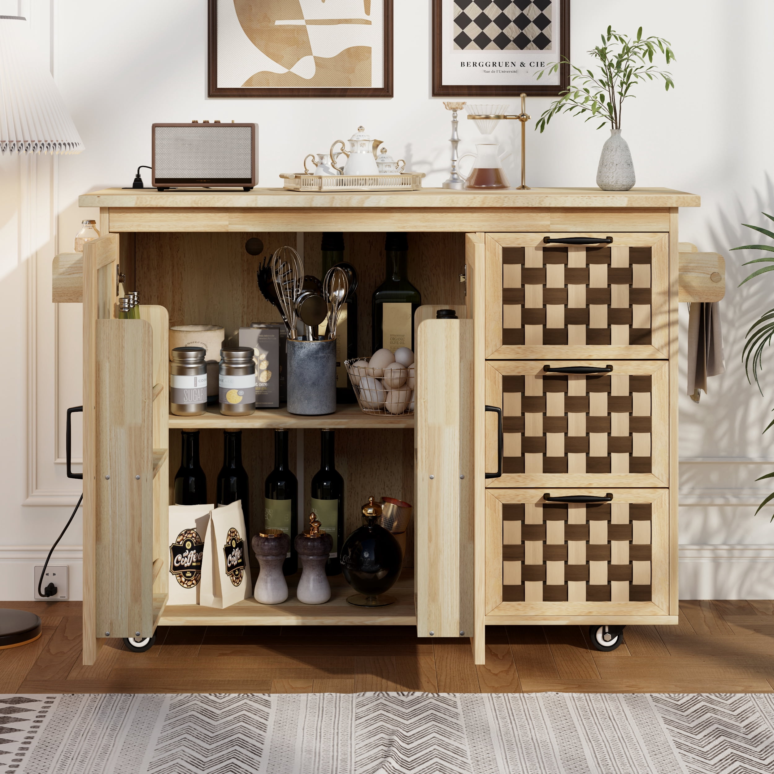 Euroco Vintage Style Kitchen Island with Drop Leaf, Storage Cabinets, Built-in Power Outlet – Mobile Kitchen Cart with Checkerboard Design, Drawers, Adjustable Shelves & Lockable Wheels – 53.2” Wide