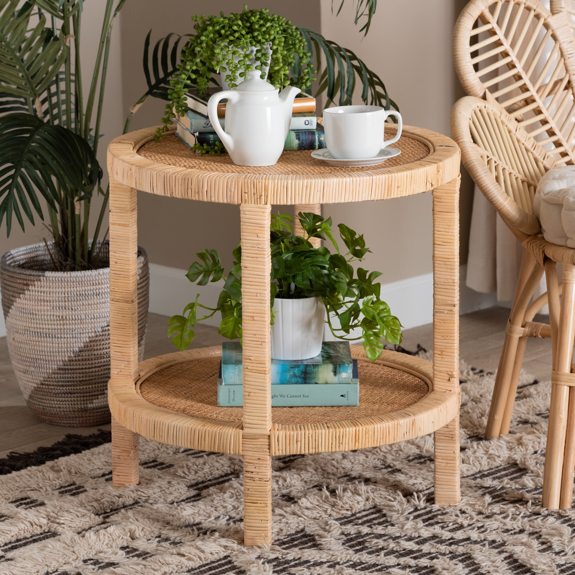 bali & pari Bella Rattan and Mahogany wood BOHO End Table, Natural Brown