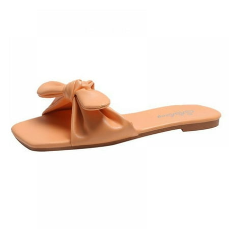 

Wuffmeow Women Summer Bow Tie Beach Slippers PU Leather Ladies Elegant Slide Shoes Flat