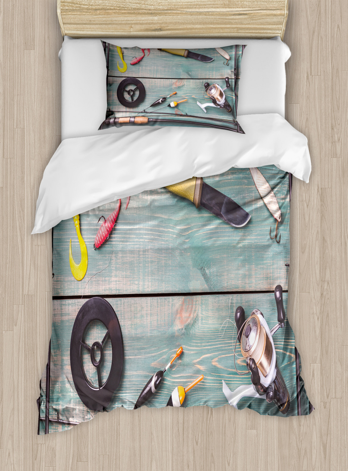 Fishing Theme Duvet Cover Set, Photo of Rods Artificial Fish Baits and