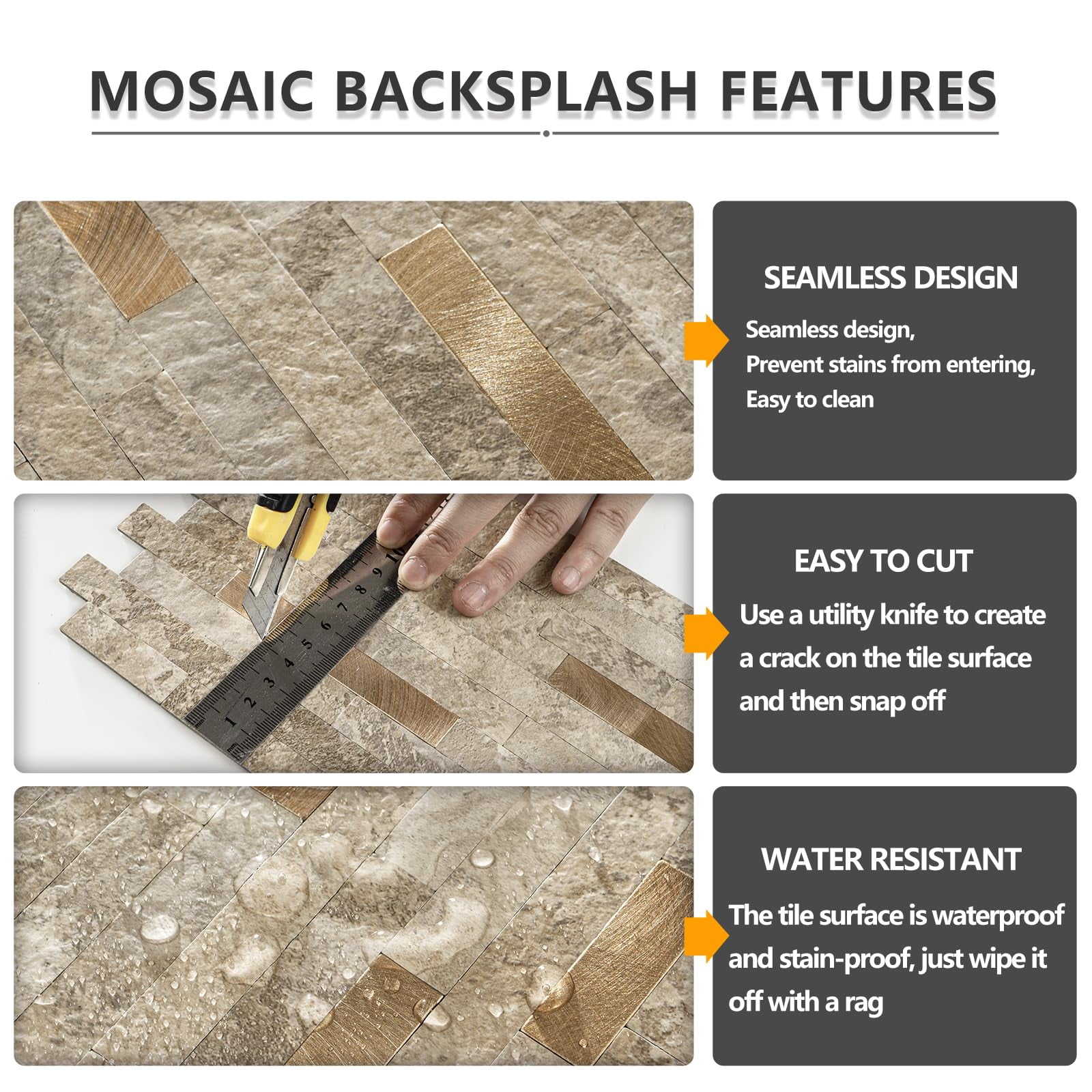 2 Sheets Peel And Stick Backsplash Tile  On For Kitchen Bathroom Stone Beige Marble Look Pvc Mixed Metal Self Adhesive Wall Tiles
