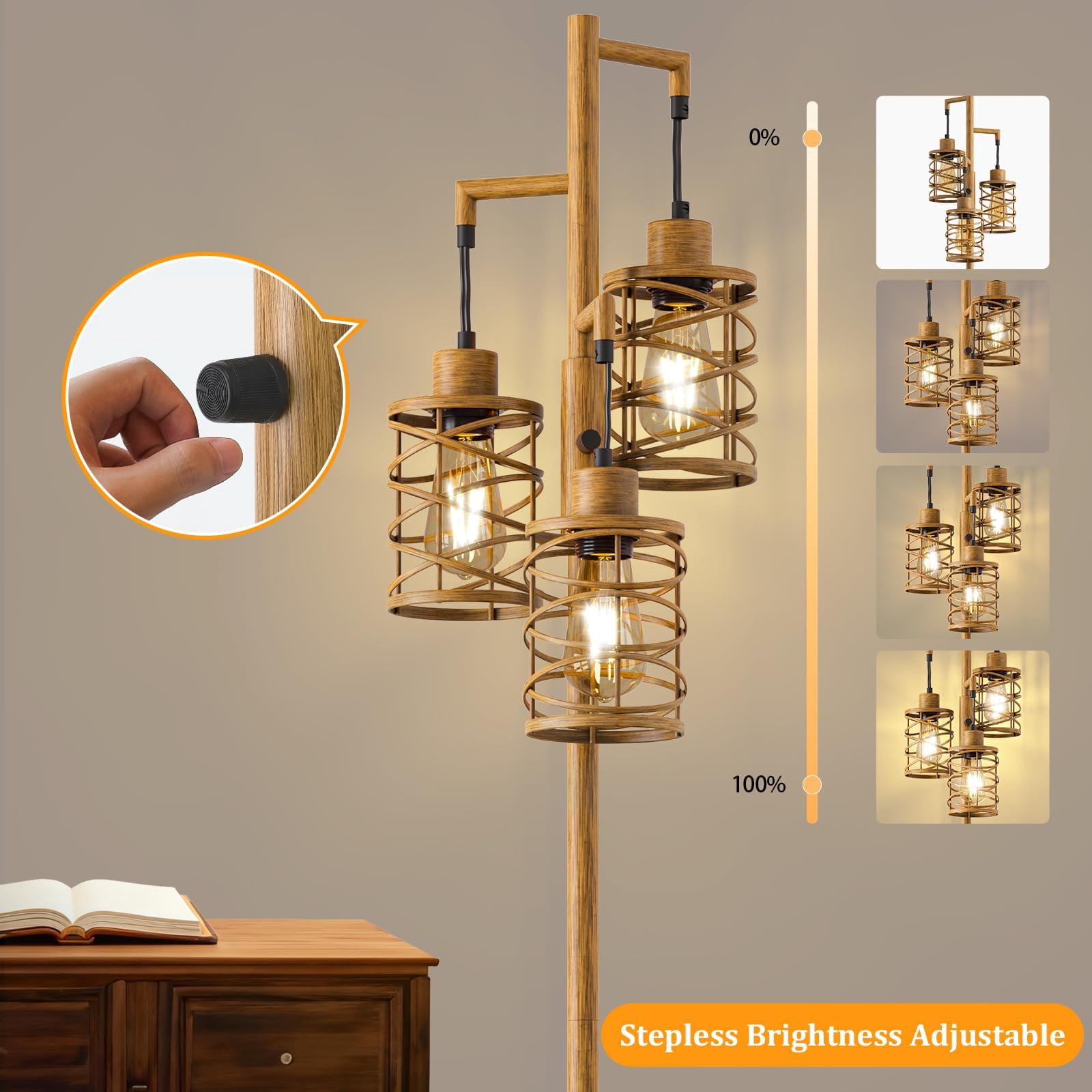 70" Industrial Floor Lamp with Stepless Dimming, 3 Teal Glass Bulbs Included for Living Room