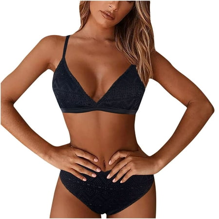 QLEICOM Womens Swimsuits Tummy Control Plus Size Swimsuit Coverup Sexy Split Bikini Two-Piece Solid Color Beach Padded Bra Swimsuit Black L