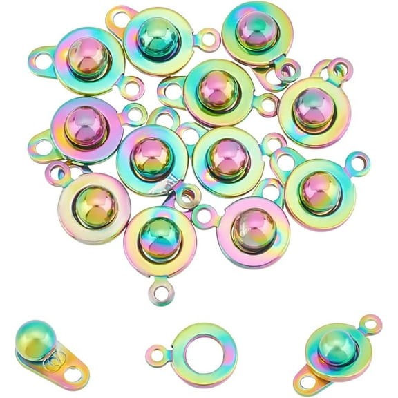 12Pcs Stainless Steel Small Snap Clasps Rainbow Color Round Clasps Ball Socket Snap Clasps Fastener Snap Button Clasps for DIY Necklaces Bracelets Jewelry Making 1.5mm Hole DIY