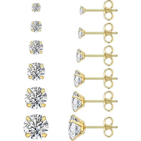 Knubmt 6 Pairs 2-6mm Round Cubic Zirconia Stud Earrings Lightweight 316L Stainless Steel Earrings Stud for Women, Gold