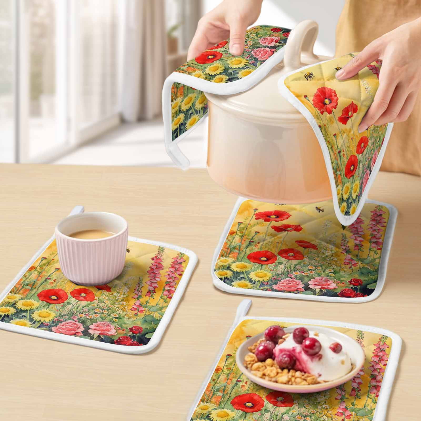Poppy Botanical Pot Holders for Kitchen Heatproof Potholder, 5 Pack Vintage Floral Yellow Ombre Hot Pads Multipurpose Oven Pads Cloth Potholders Trivet for Cooking Baking