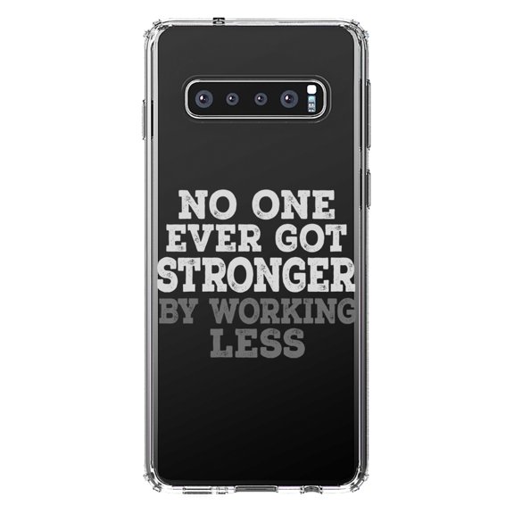 DistinctInk Clear Shockproof Hybrid Case for Samsung Galaxy S10  PLUS (6.4" Screen) - TPU Bumper Acrylic Back Tempered Glass Screen Protector - No One Ever Got Stronger Working Less