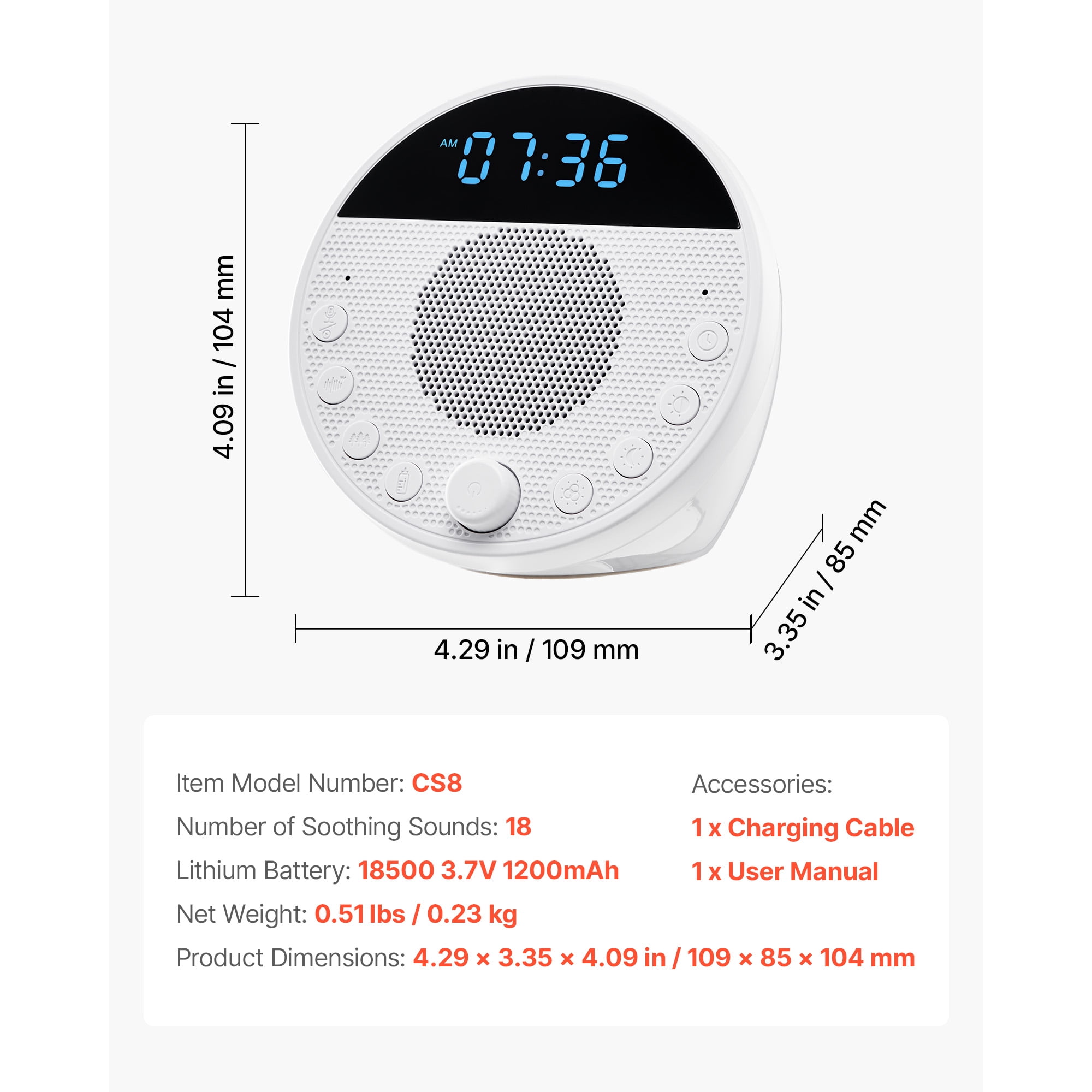 KFFKFF 5-in-1 Sound Machine with 18 Relaxing Sounds, 7-Color Night Light, Dual Alarms, Auto-Off Timer, and Memory Function for Home, Office, Travel, and All Ages