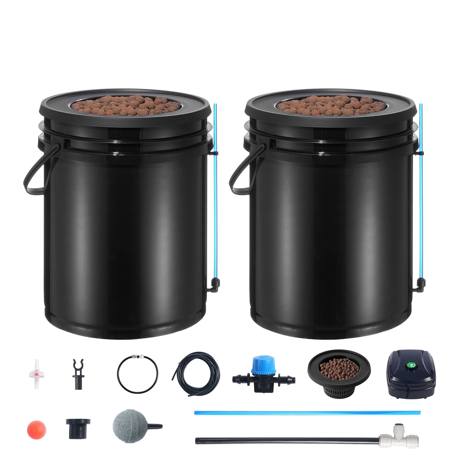 KFFKFF DWC Hydroponics Grow System, 5 Gallon 2 Buckets DWC Hydroponics Setup Drip System with Air Pump, Air Stone, Water Level Indicator, Drip Irrigation Kit for Growing Leafy Greens