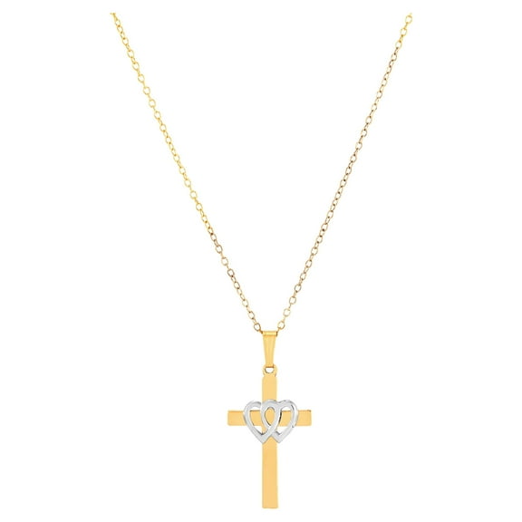 Brilliance Fine Jewelry Cross Double Hearts Pendant in Sterling Silver and 18k Gold Plate, 18"