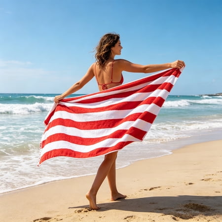 Beforeyayn Large Red and White Striped Beach Towel - Classic Wide Stripe Design, Soft Absorbent Swimming Pool Towel for Adults, Summer Vacation Essential
