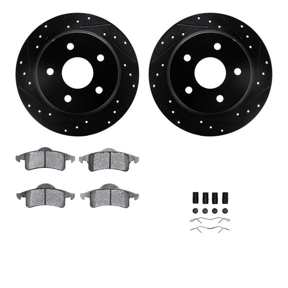 Dynamic Friction Company Rear Brake Rotors-Drilled and Slotted-Black with Ultimate Duty Performance Brake Pads includes Hardware 8412-42034