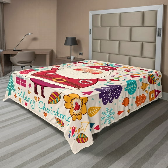Ambesonne Christmas Flat Sheet, Vintage Santa, Queen Size, Multicolor