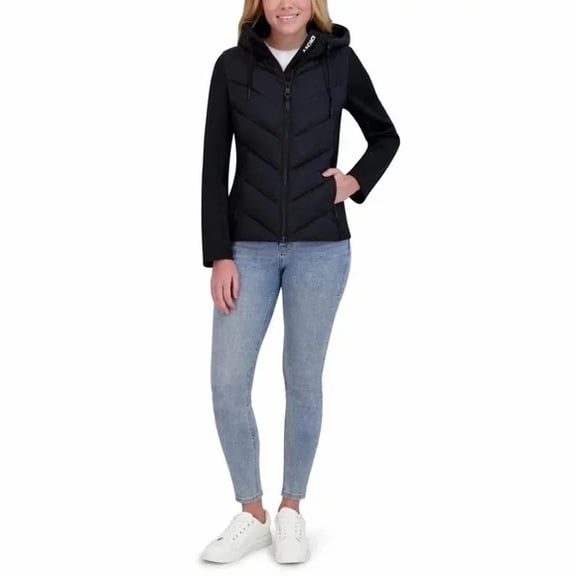 DKNY Women's Puffer Jacket, Lightweight, Hooded, Full Zip, Black, Medium