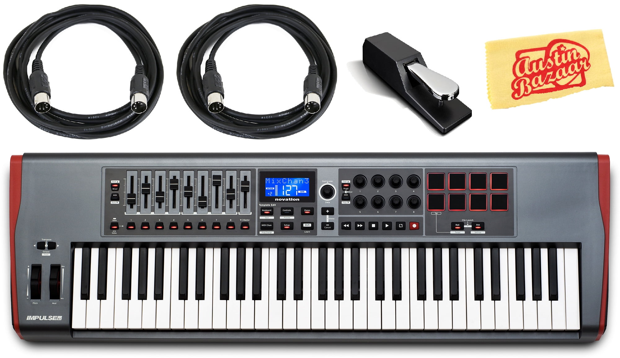 Novation Impulse 61 Keyboard Bundle with Sustain Pedal, MIDI Cables