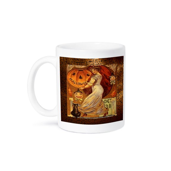 3dRose, Vintage Halloween Lady holding Jack o Lantern, 15oz Mug