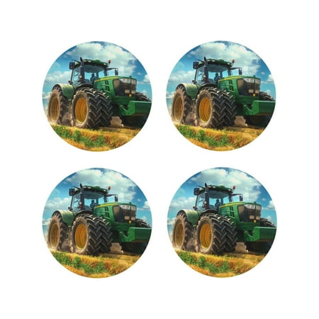 

Yiaed Green Tractor Field Print Leather Coasters for Drinks - Cup Coasters Coffee Table Kitchen Table Bar Home & Office Gifts Handmade Drink Coasters-Round Shape