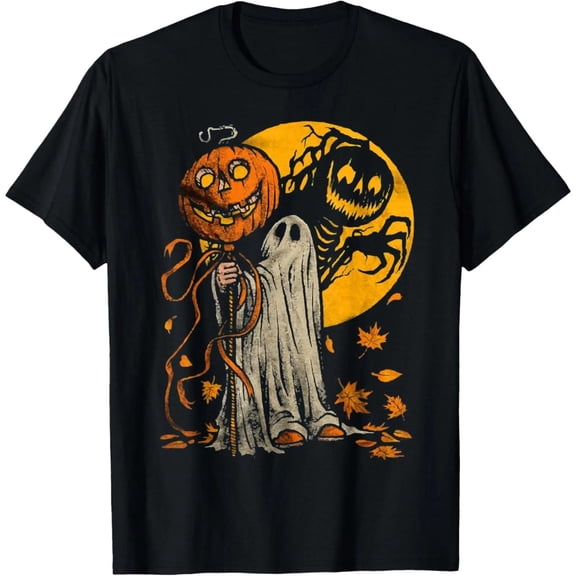 Halloween Pumpkin Ghost Graphic Tee, Pattern printing,Spooky Autumn T-Shirt for Men,Crew neck,Funny,cotton ,black,S-5XL
