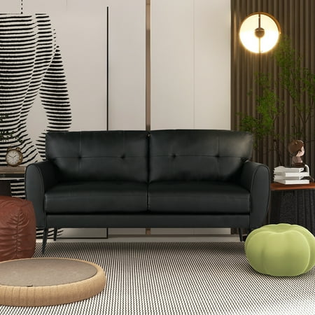 Coewske 60''W Black 2-Seat Faux Leather Sofa Couch Modern Loveseat for Living Room Office