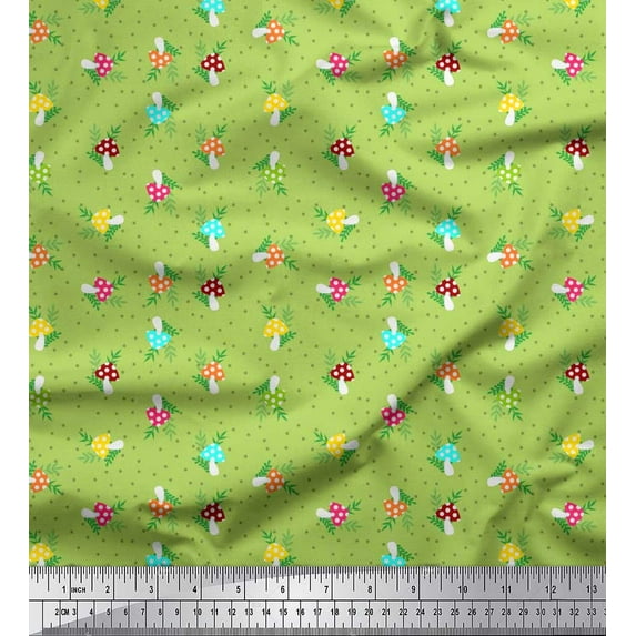 Soimoi Green Cotton Duck Fabric Dot,Leaves & Mushroom Vegetable Printed Fabric 1 Yard 56 Inch Wide