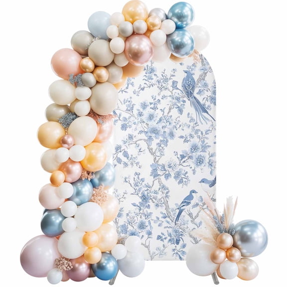 Light Blue Flowers Arch Backdrop Cover, Spandex Fitted Wedding Arch Cover, Spring Summer Floral Birds Round Top Stand Covers for Birthday Ceremony Bridal Shower Party Decor 5x2.1 Ft