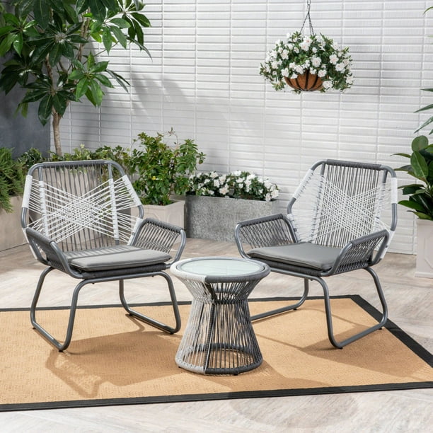 3 Piece Gray And White Rope Woven, Woven Outdoor Furniture