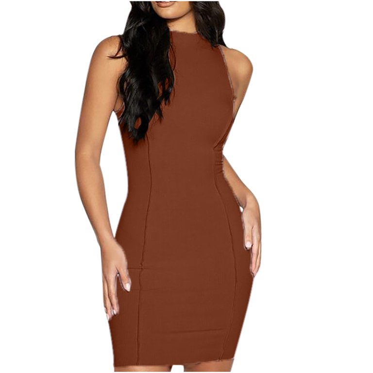 IROINNID Women's Sleeveless Sheath Dress Turtleneck Asymmetrical Halter  Dress Short Basic Club Dress Solid Color Dress