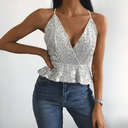 VestWomen Backless Top Sequined Spaghetti Straps Sleeveless V Neck Ruffles Camis Party Crop