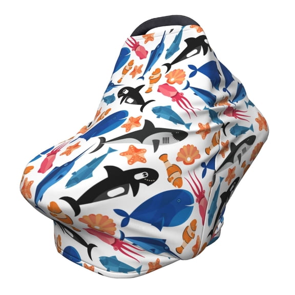 Fotbe Cute Sea Animals Pattern Car Seat Covers for Babies, Nursing Breastfeeding Cover Carseat Canopy, Soft Stretchy Carrier Cover