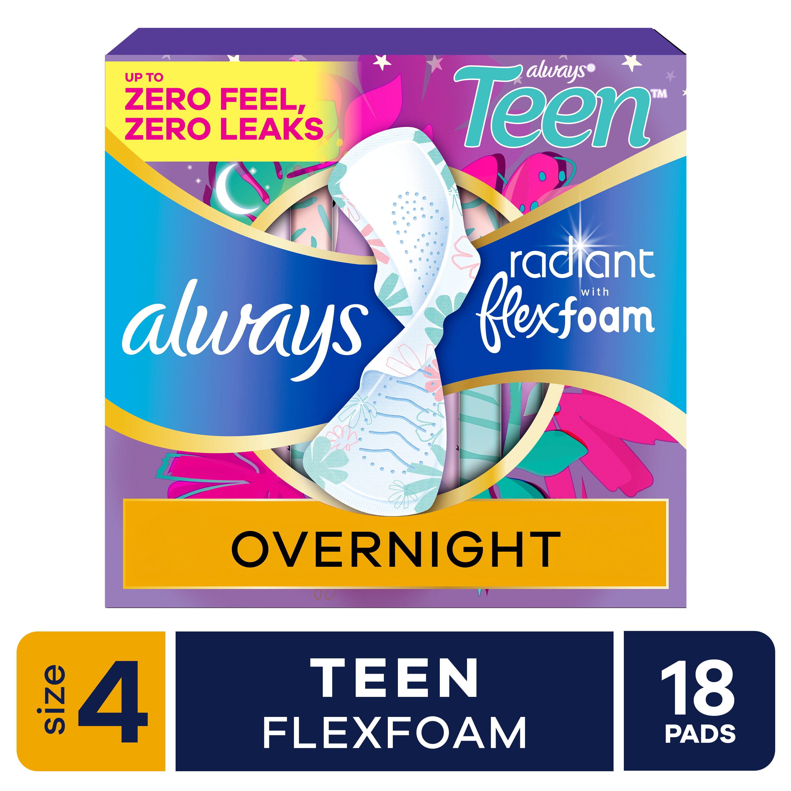 (2 pack) Always Radiant Teen Pads with Wings, Overnight, 18 Count