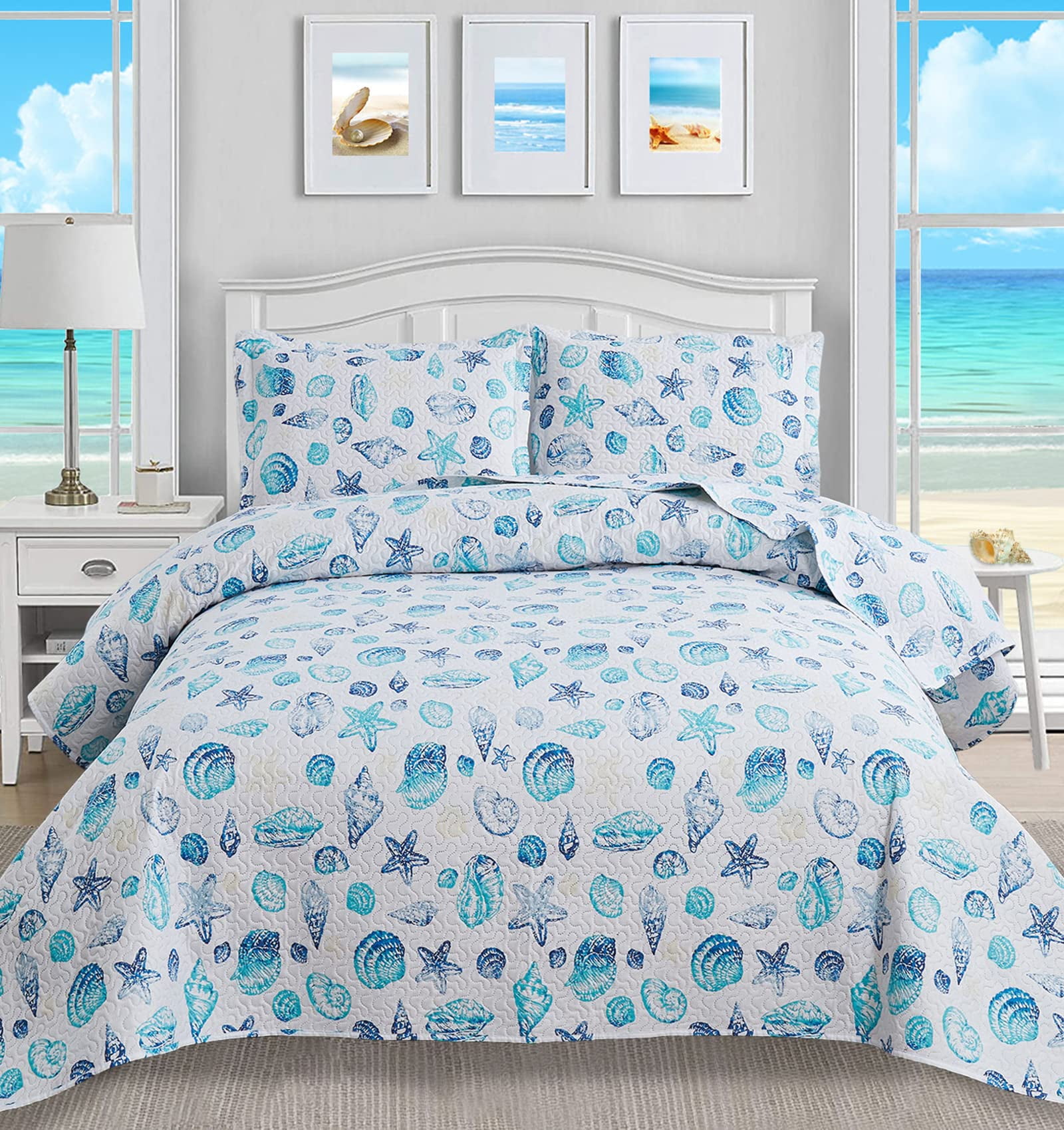 3Pcs Reversible Quilt Sets King Size, Coastal Beach Bedspreads Ocean