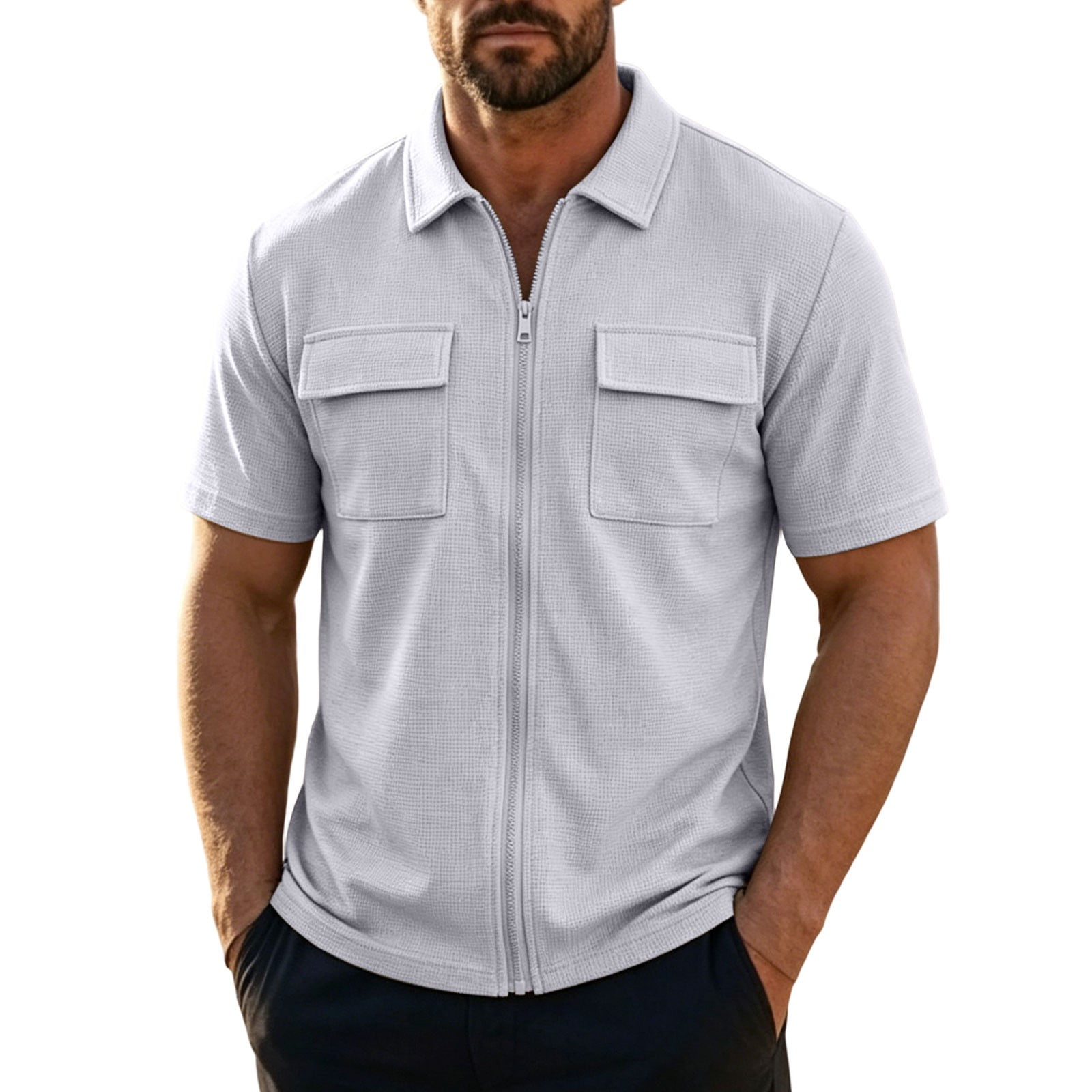 Men Sun Protection Fishing T Shirt Waffle Short Sleeve Full Zip Sport Work Jacket with 2 Flap Pockets for Casual Travel Camping Hiking Big and Tall Size S-3XL Gray