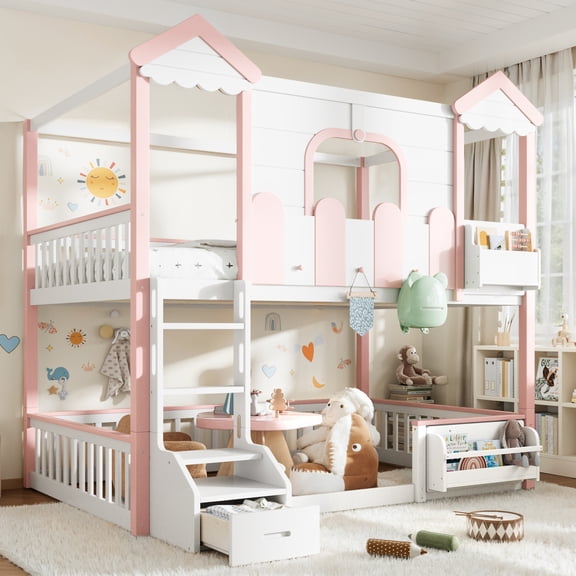 Full over Full House Bunk Bed with Storage Bookshelf and Drawer, Solid Wood Bunk Bed with Roof and Windows, Childlike Playhouse And Detachable Design.White & Pink