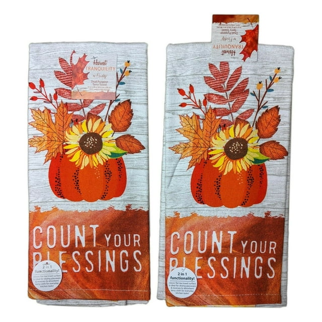 Set of 2 COUNT YOUR BLESSINGS Sunflower Terry Kitchen Towels by Kay Dee