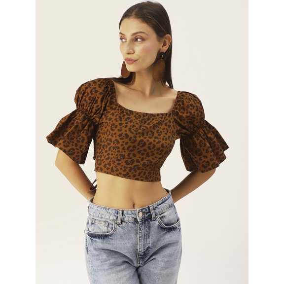 DressBerry Women's Printed Cotton Semi Puffed Ruffled Elbow Sleeves Cropped Top High Waist Square Neck Casual Summer Wear Short Top