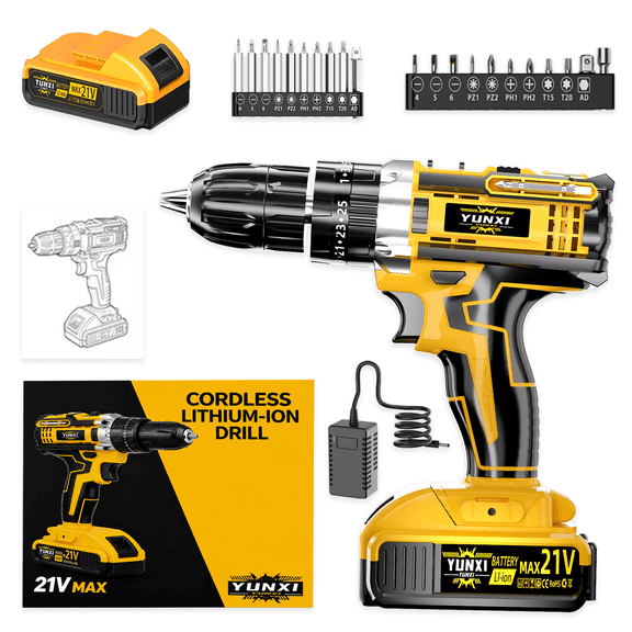 21V Cordless Drill Driver Kit with Battery & Charger, Electric Power Drill Set, 25 1 Torque Settings, Variable Speed, LED Light, 2-Speed Performance, Home DIY & Repair Tool with Accessories
