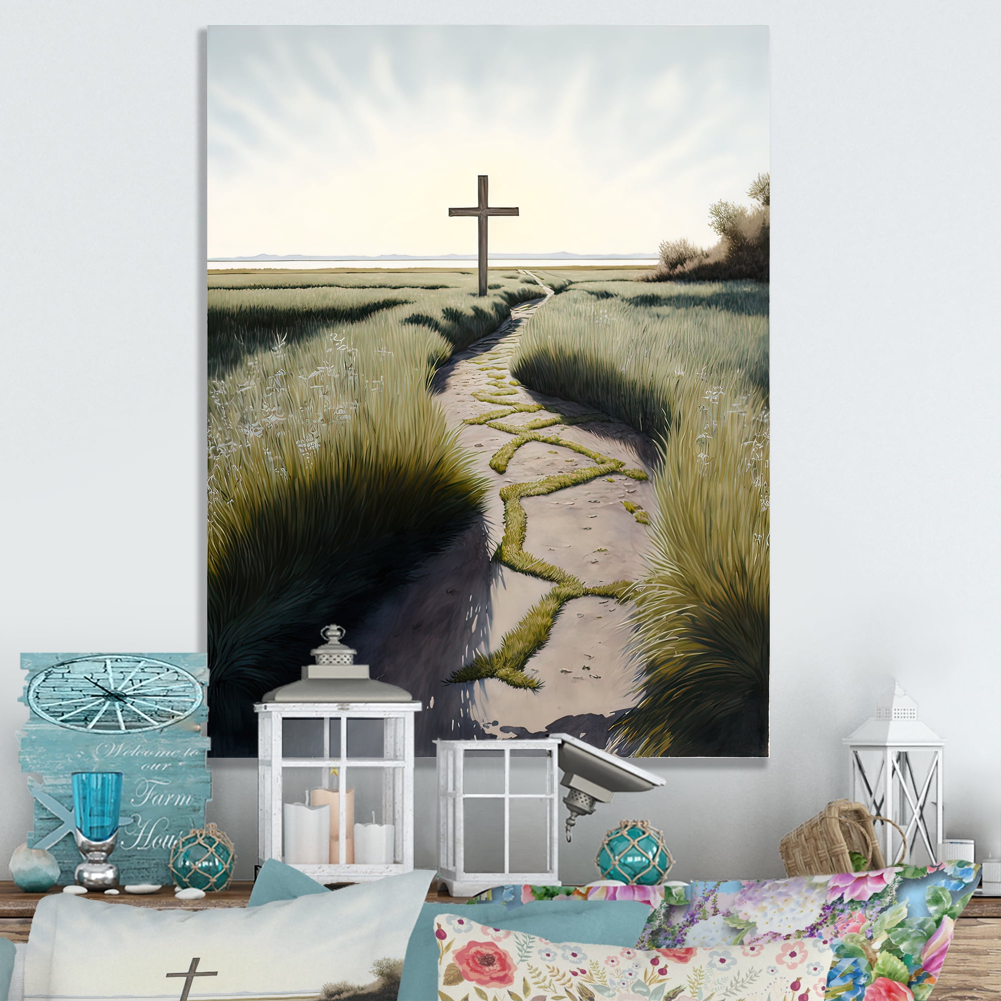 Designart Cross Status On Winding Path II Canvas Wall Art