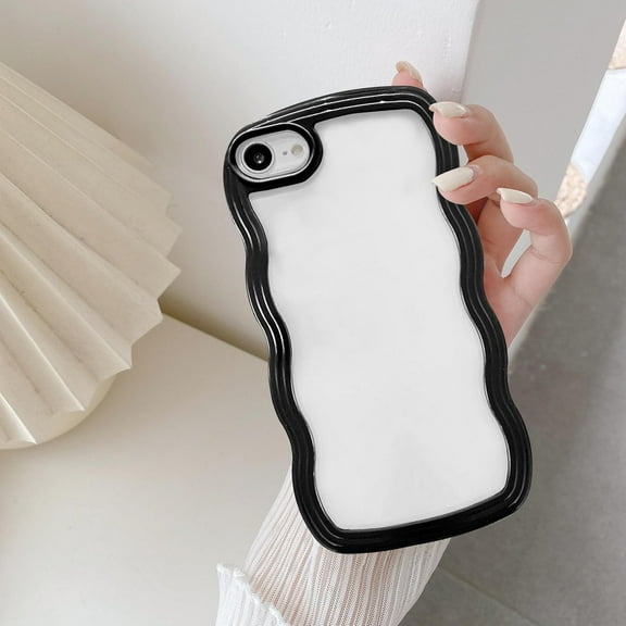 Wave Frame Clear Case for iPhone 7/iPhone 8, Curly Clear Phone Case, Cute Wavy Phone Case for Girl Slim Fit Shockproof Phone Cover Bumper Soft Pretty Case for Women - Black