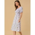 thumbnail image 4 of Vestido floral midi fruncido informal con mangas abullonadas y cuello cuadrado para mujer Púrpura XS, 4 of 6