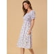 thumbnail image 4 of Vestido floral midi fruncido informal con mangas abullonadas y cuello cuadrado para mujer Púrpura XS, 4 of 6