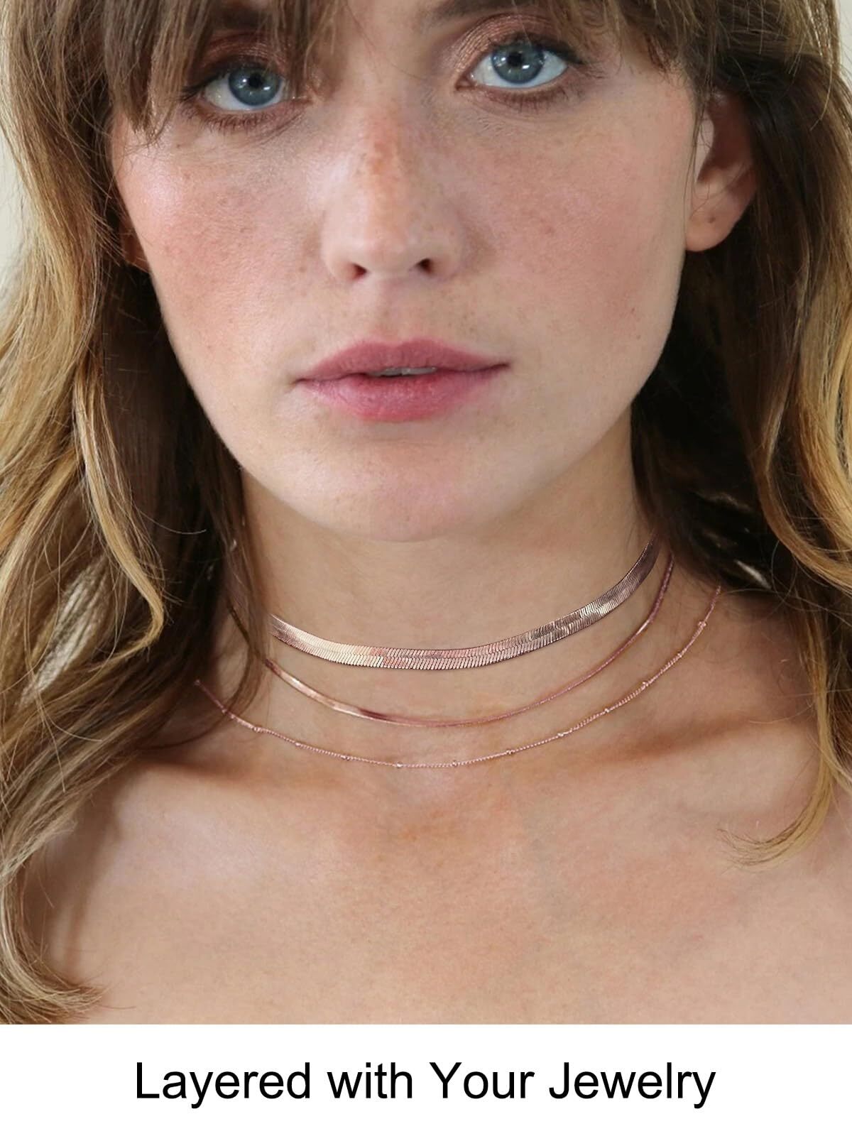 FOCALOOK Flat Snake Chain for Women Stainless Steel Rose Gold Plated Herringbone Choker Necklace Jewelry Girlfriend Birthday Christmas Valentine's Day Gifts 5MM 12 Inches