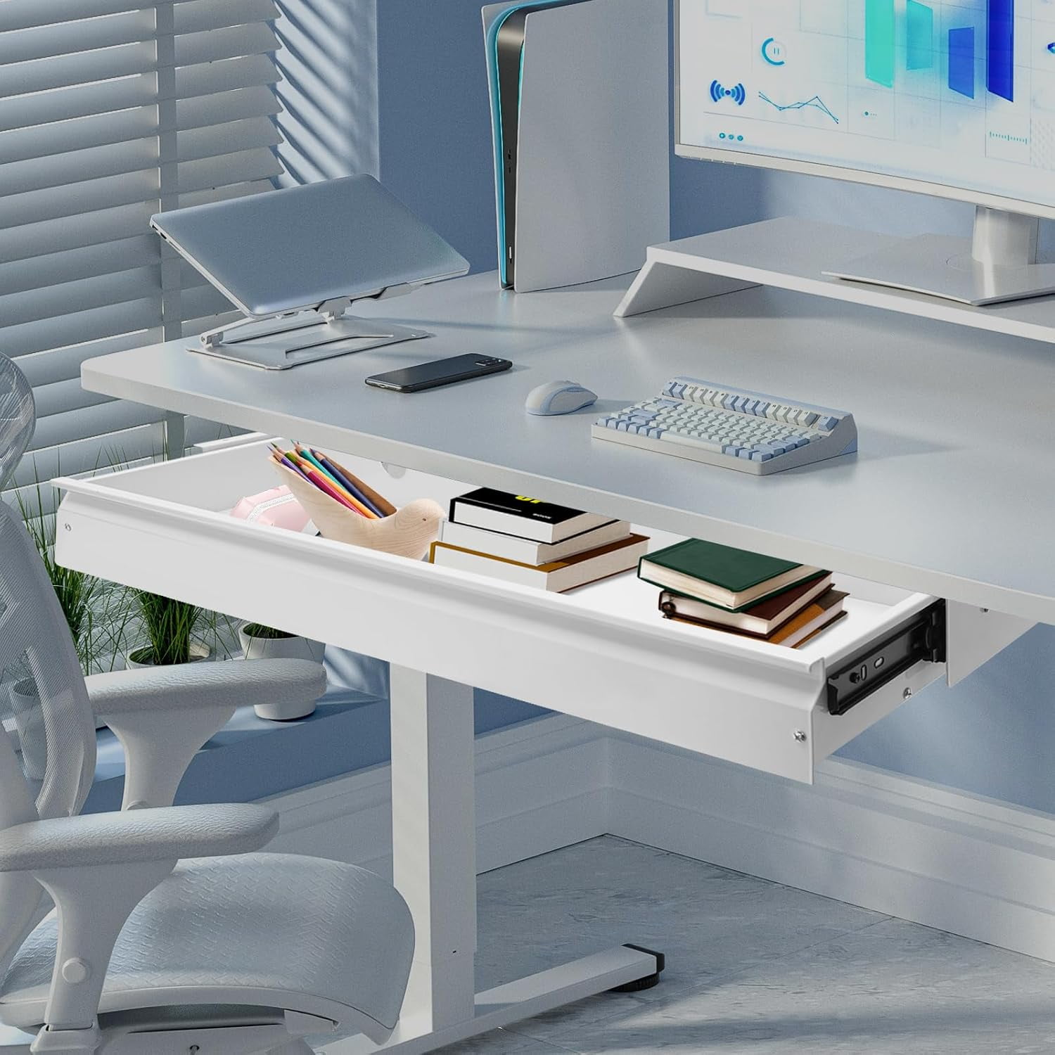 DENEST 33in Under Desk Mounted Sliding Pull-out Drawer without Shell Office Desk Pull-out Drawer Storage Organizer for Sit Stand Workstation Store Keyboard Mouse White 33.3 * 9.2in
