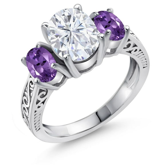 Gem Stone King 925 Sterling Silver Oval Moissanite and Purple Amethyst 3-Stone Women Ring (3.00 Cttw, Gemstone Birthstone, Size 8)