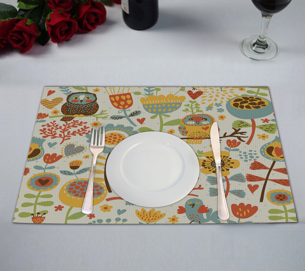 ABPHQTO Cute Colorful Floral Owl And Bird Placemat 12x18 Inch,Set of 2