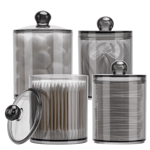 12-Ounce Bathroom Organizer Accessories Storage Containers Plastic Apothecary Jars with Lids for Cotton Ball, Cotton Swab, Floss, Black