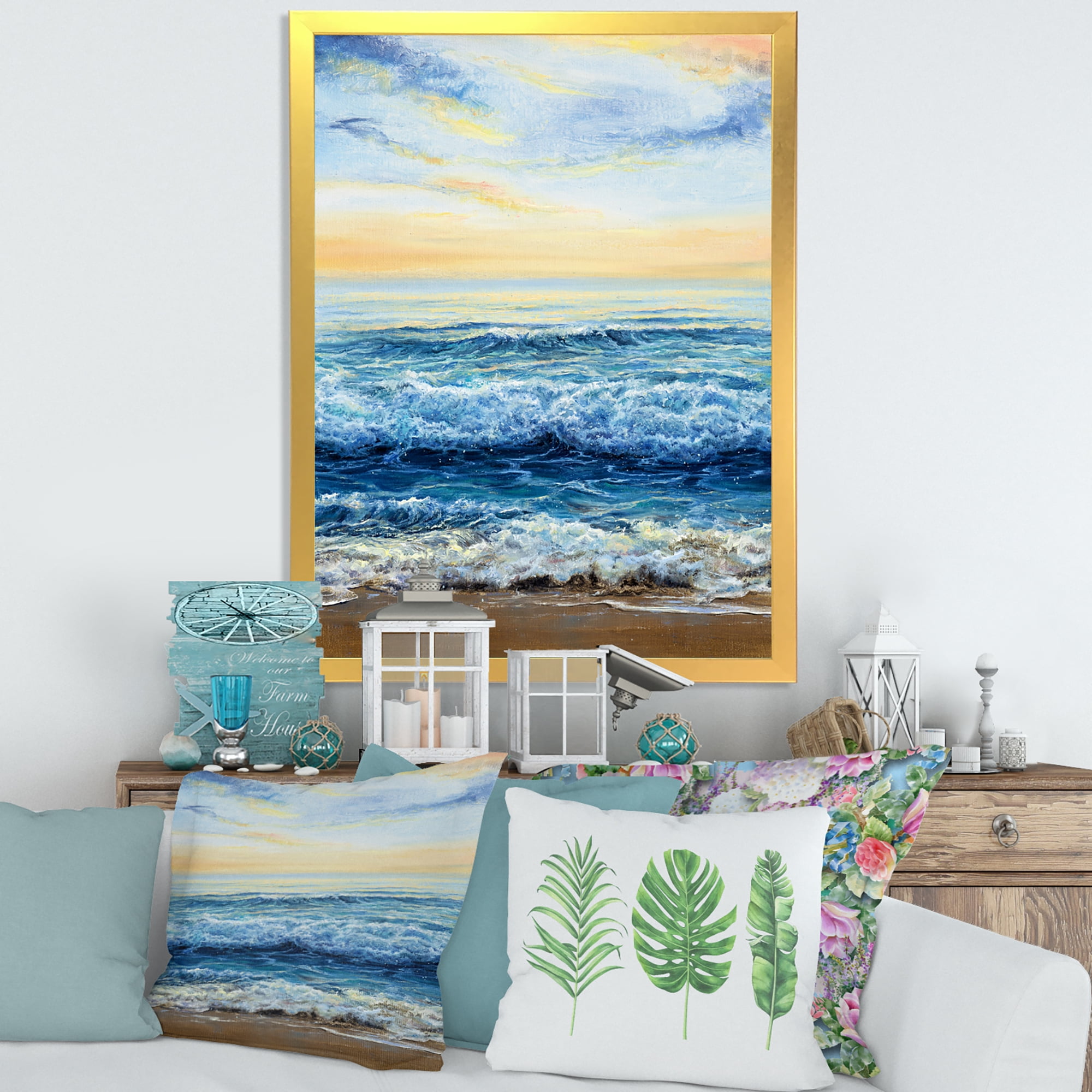 Designart 'Ocean Waves At Sunrise' Nautical & Coastal Framed Art Print
