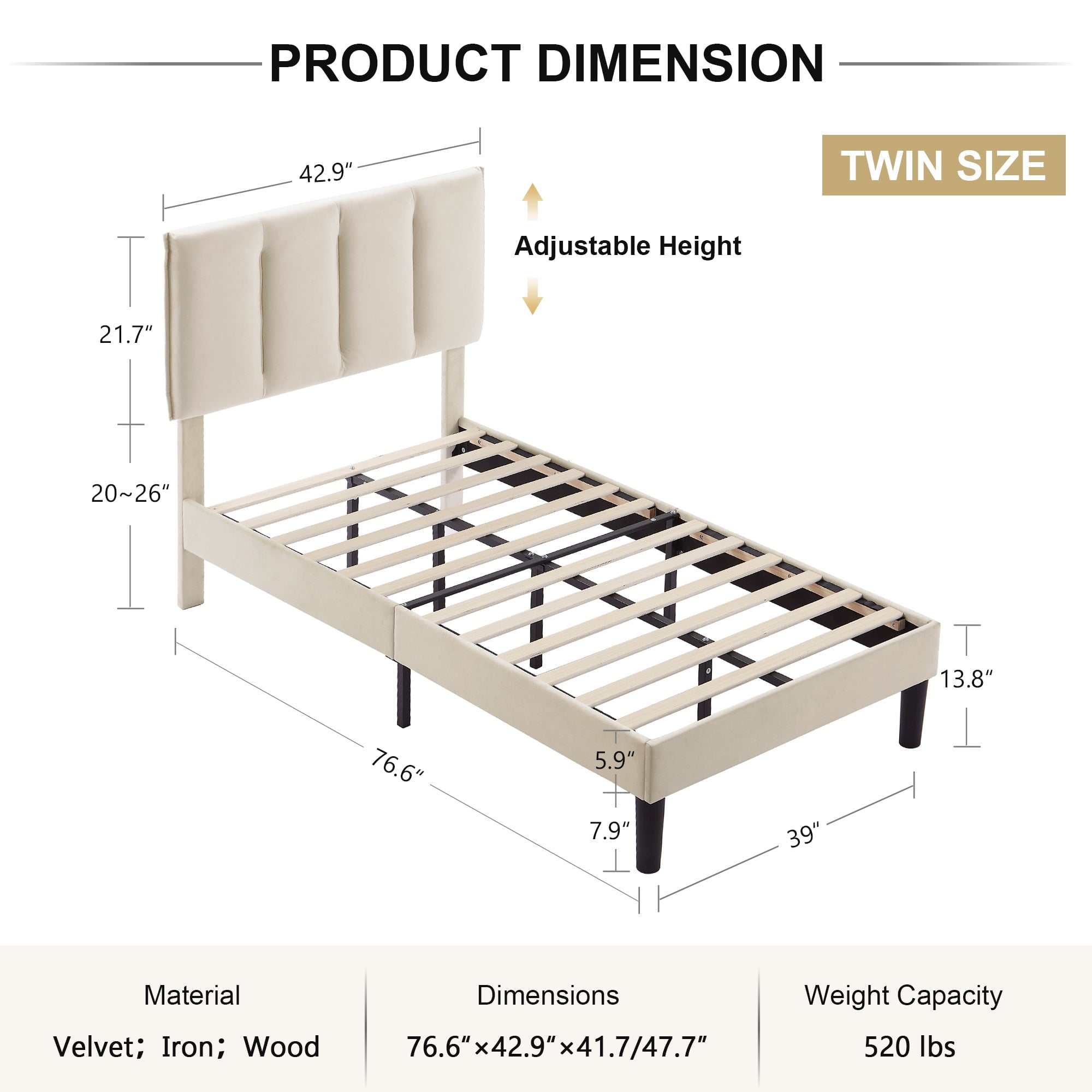 VECELO Queen Size Upholstered Platform Bed Frame, Adjustable Headboard and Wooden Slats Support, No Box Spring Needed/Easy Assembly, Pink