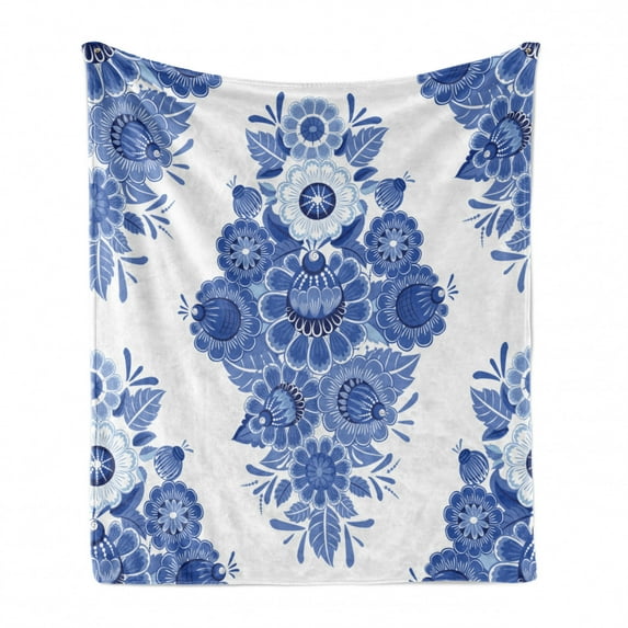 Floral Soft Flannel Fleece Blanket, Print of Cold Tone Flowers Vintage Mosaic Illustration on a Plain Background, Cozy Plush for Indoor and Outdoor Use, 60" x 80", Night Blue White, by Ambesonne