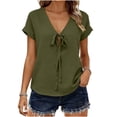thumbnail image 2 of MaFYtyTPR Women's Summer V-Neck Blouse Fashion Solid Color Short Sleeve Tie Front Loose Fit Casual Tops A-Army Green L, 2 of 5